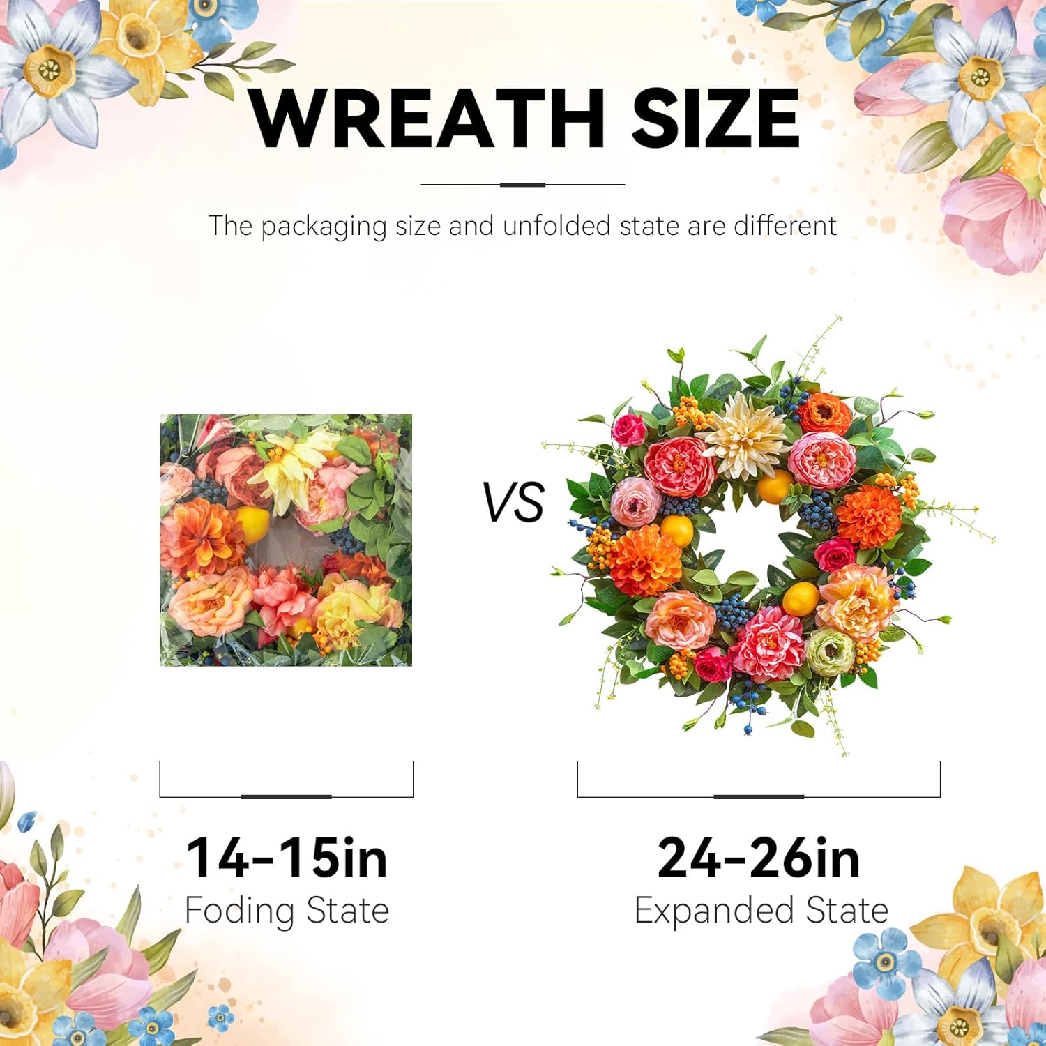 Spring Wreaths for Front Door Outside,24 Inch Summer Wreath with Peony, Dahlia, Hydrangea, Faux Lemons, Berries and Greenery, Colorful Spring Door Wreath for Outdoor Decor
