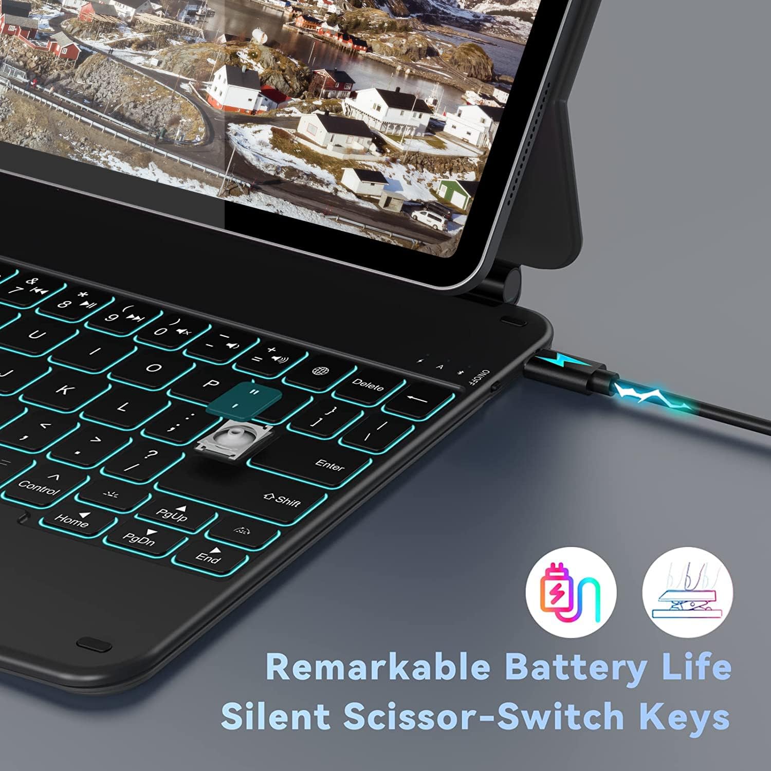Charging port and scissor-switch keys of the Doohoeek Bluetooth Keyboard.