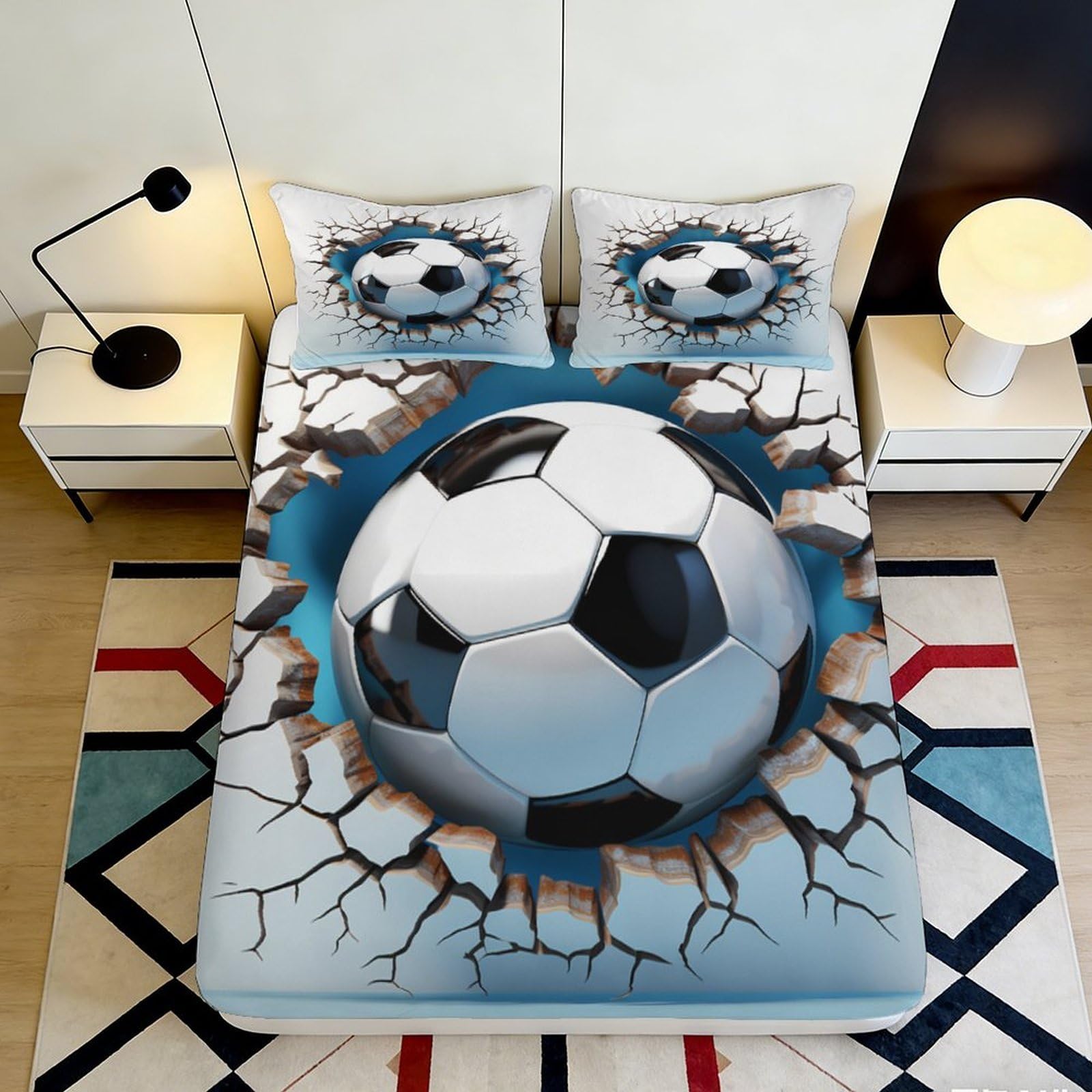3D Printed Soccer Ball Smash Fitted Sheet Microfiber Soft Breathable Cracked Wall Bed Cover for Bedroom Guestroom Mattress Decor 90x200x25cm