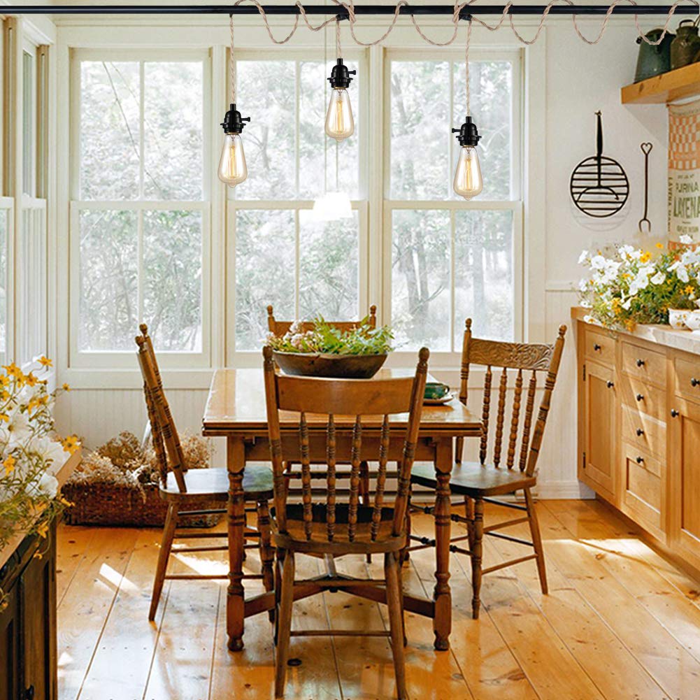 Yilliaw 27FT 3 Light Plug in Pendant Lights with Switch & Hemp Rope, Industrial Hanging Light Kit Pendant Light Cord with E26 Socket, DIY Lamp Cord Fixture for Farmhouse Bedroom Living Room Decor