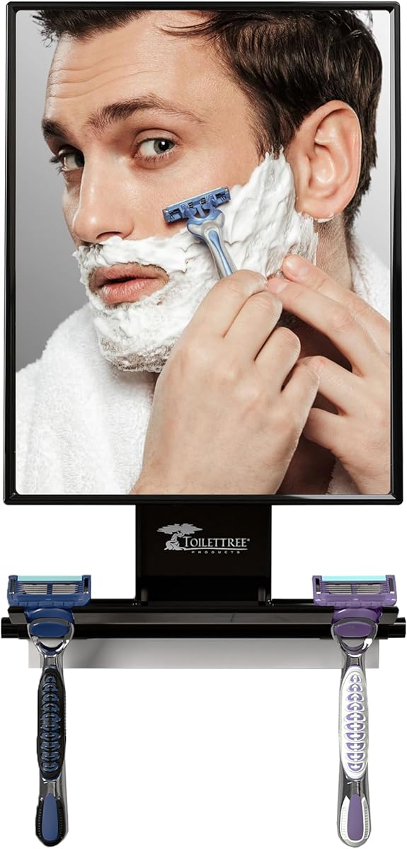 ToiletTree Products Deluxe Larger Fogless Shower Shaving Mirror with Squeegee, Large, Black