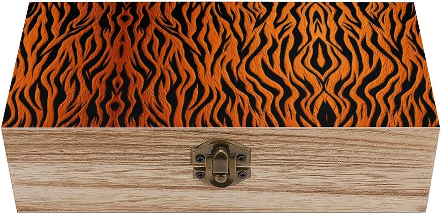 WYUSPGK Wooden Storage Box Tiger Stripes Orange Print Jewelry Box