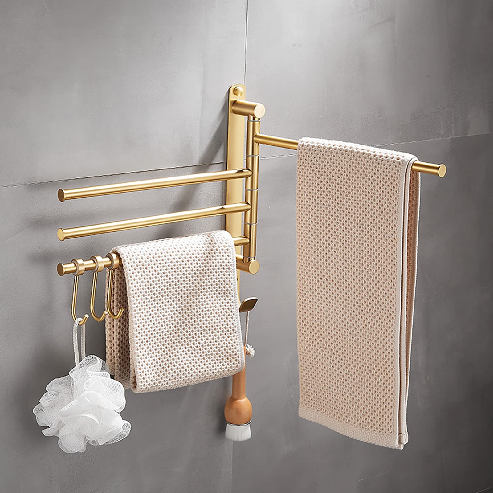 Handdoekhouder voor badkamer, Badkamer handdoekenrek geborsteld goud draaibaar handdoekenrek met haak, wandgemonteerde handdoekstang messing handdoekhouder met 4 zwenkarmen en 3 haken for badkamer, ke