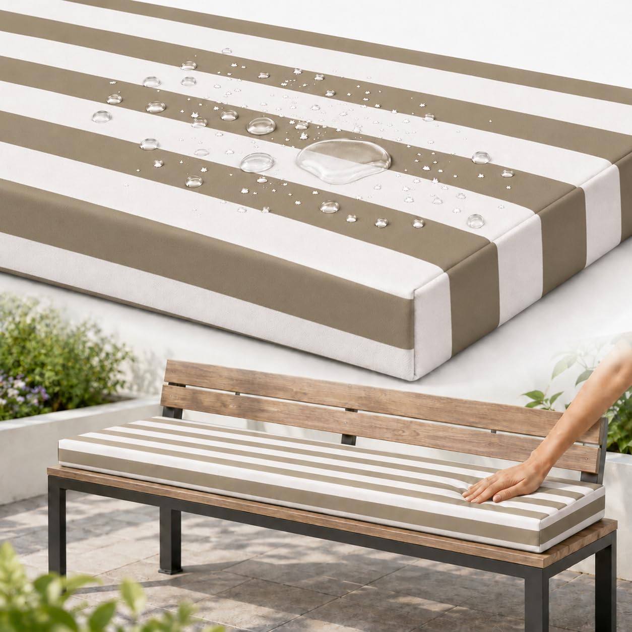 AZMAHT Bench Cushion Outdoor, Garden Bench Cushion with Waterproof Polyester Cover, 50D Foam, Non-Slip Base, 2 Ties, Removable Zip Cover for Patio, Bay Window, Garden Swing,Hazel Stripes,130x55x5cm โ image 1
