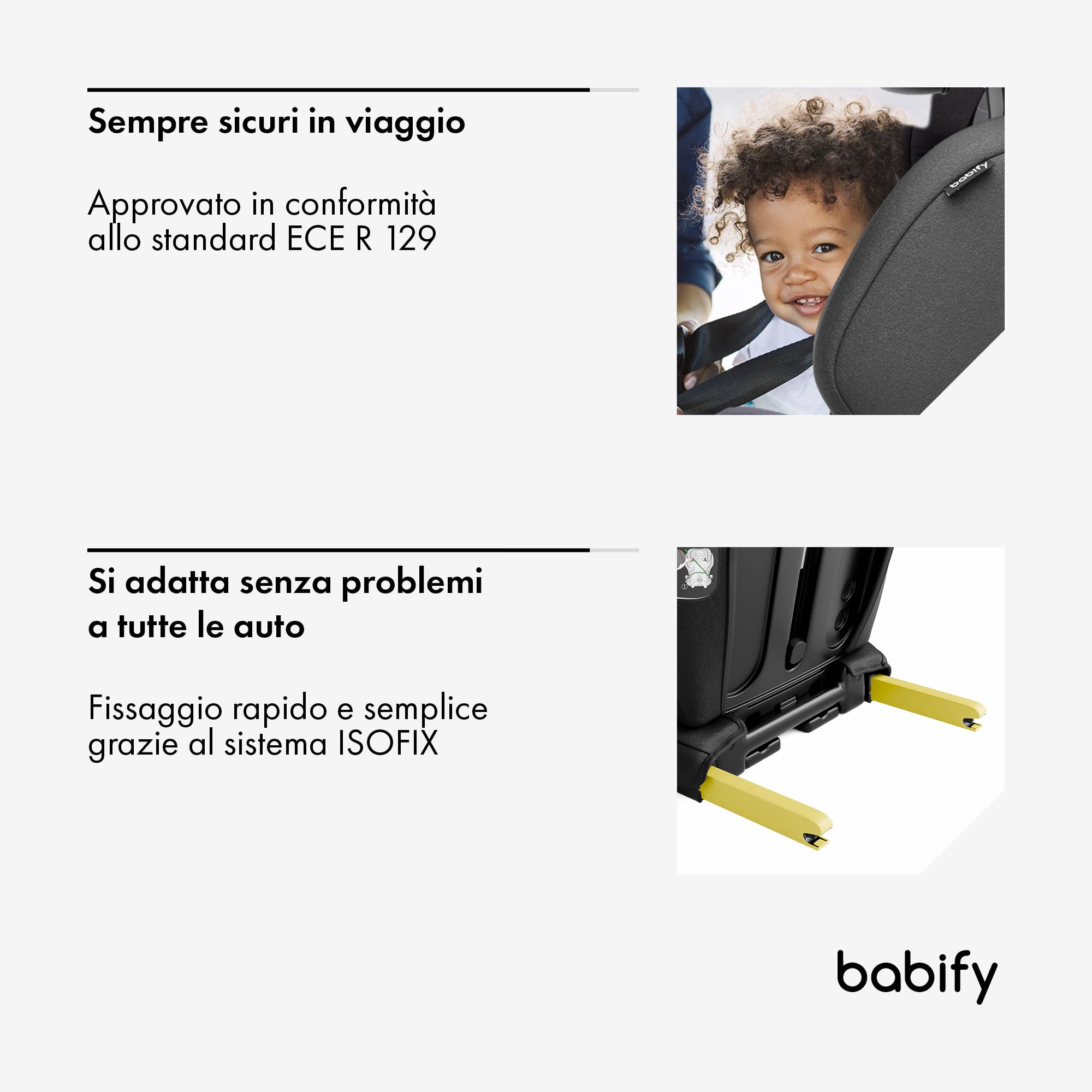 Babify - Seggiolino per Auto, 15-36 kg, Isofix, 3-12 Anni, Poggiatesta Regolabile in 12 Posizioni, Conforme UE R129, Pieghevole, Portabicchieri Rimovibile, Copertura Facile da Pulire, Design Nero