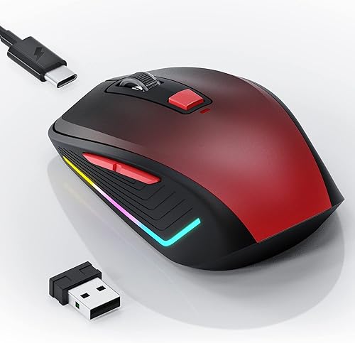 FENISIO Mouse inalámbrico, mouse inalámbrico RGB para laptop, sensor óptico de 1600 DPI, 3 niveles ajustables, mouse ergonómico recargable de 2.4