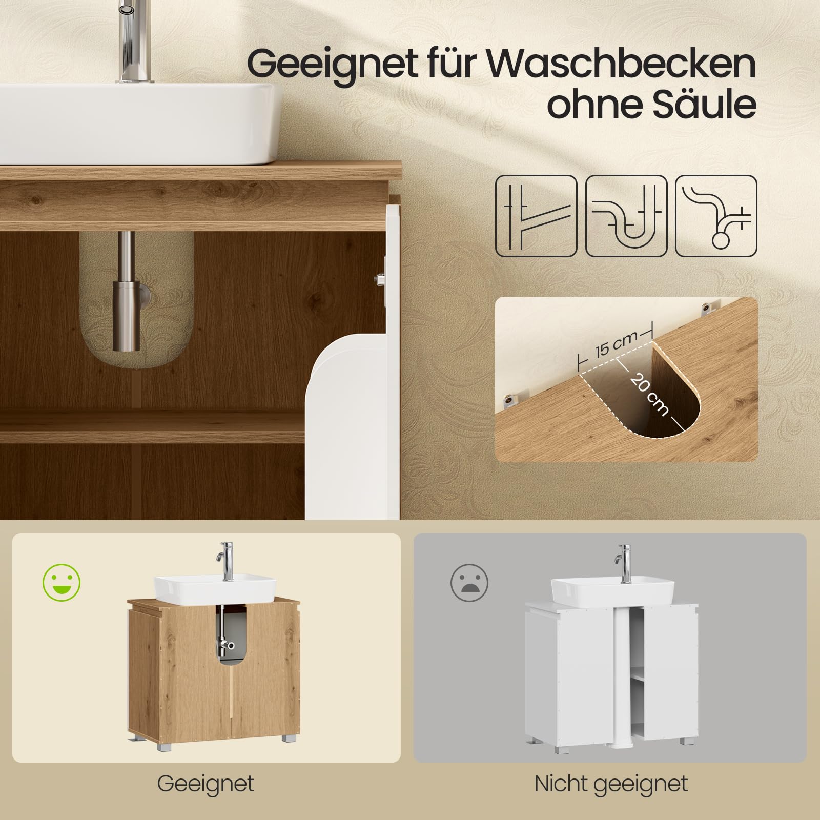 EUGAD Badmöbel Komplettset, 176.5 cm, Weiß + Braune Holzoptik, Badezimmermöbel-Set mit Waschbeckenunterschrank, und 2 Badezimmerschränke