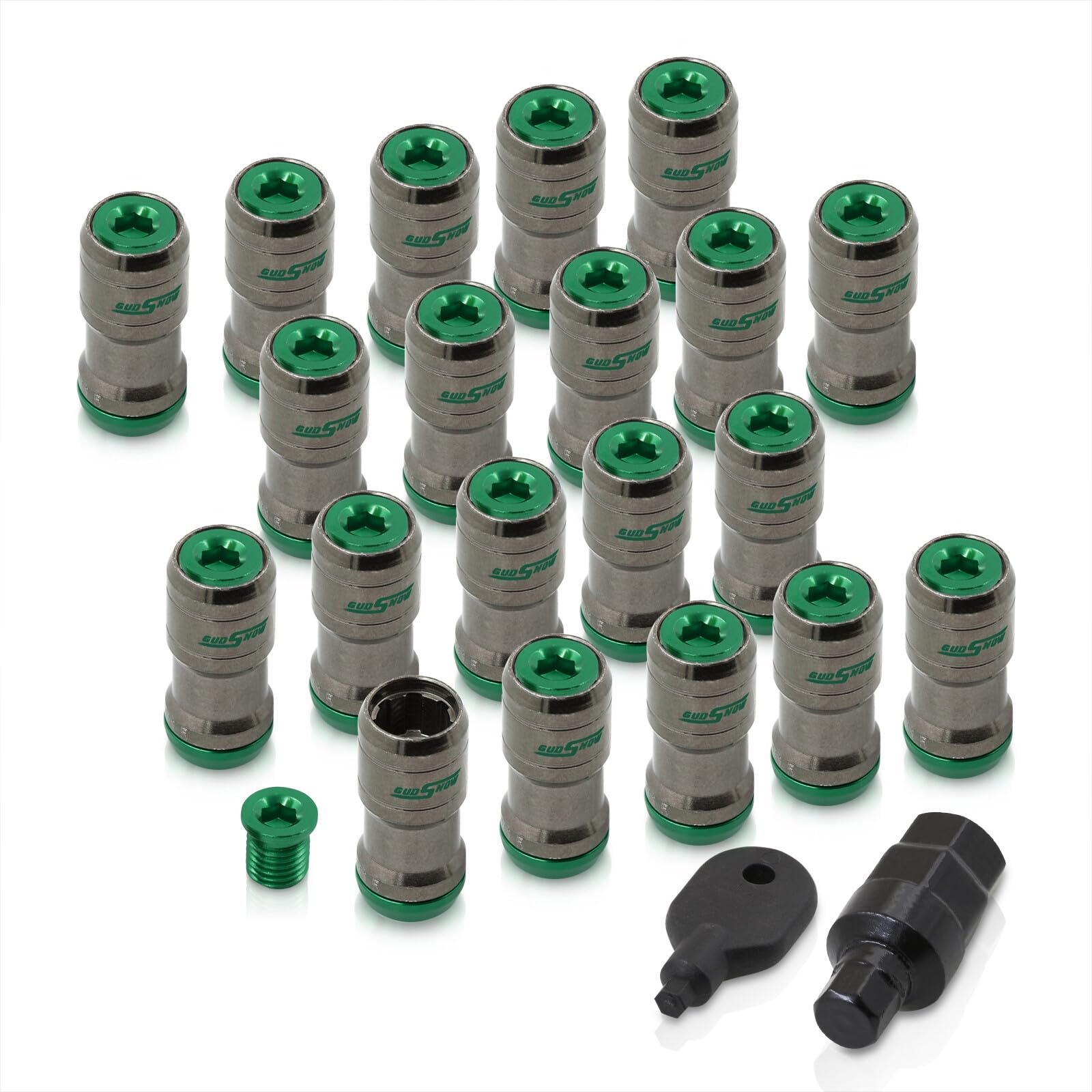 AJP Distributors 20 Piece Universal M12x1.5 Open or Closed End Steel Lug Nuts, 20pc M12 x 1.5MM Lug Nut Set + Locking Adapter Key Socket Wheels Rims JDM VIP Kit Gunmetal Body Green Cap