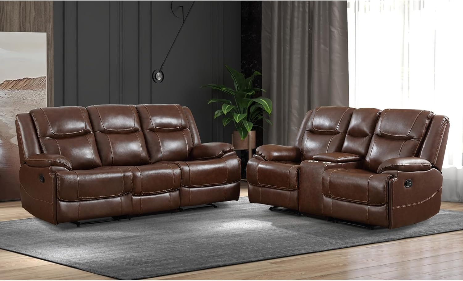 EBELLO Genuine Leather Recliner Manual Sofa Set, Reclining Loveseat and a 3 Seater Sofa Furniture Set with Storage and Cup Holders, Modern Durable Home Furniture for Living Room, Vintage Brown
