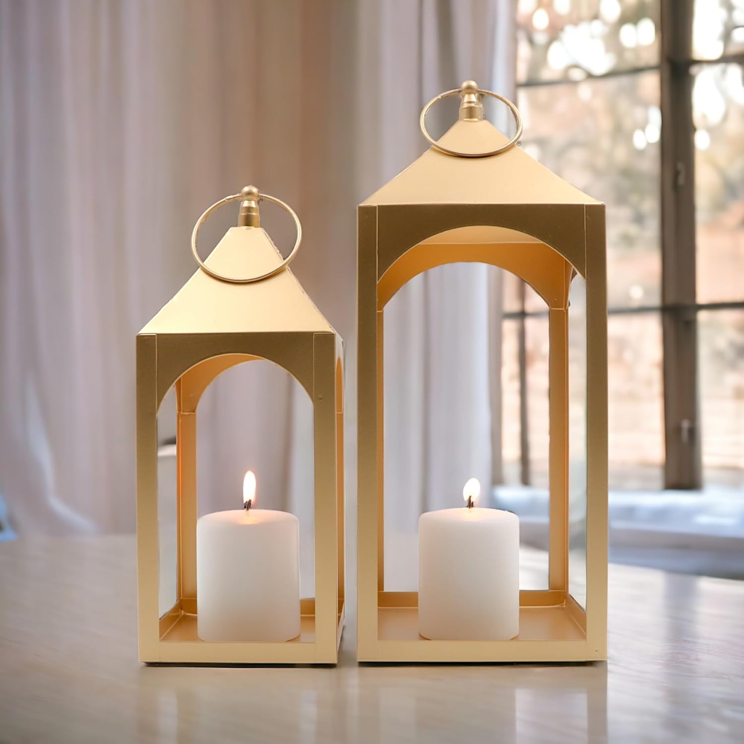 Hosley Set of 2 Modern Metal Lanterns, Gold, for Farmhouse Decor Ideal for Modern Farmhouse Decor, Home Decor Living Room, Parties, Weddings, Aromatherapy, Gifts
