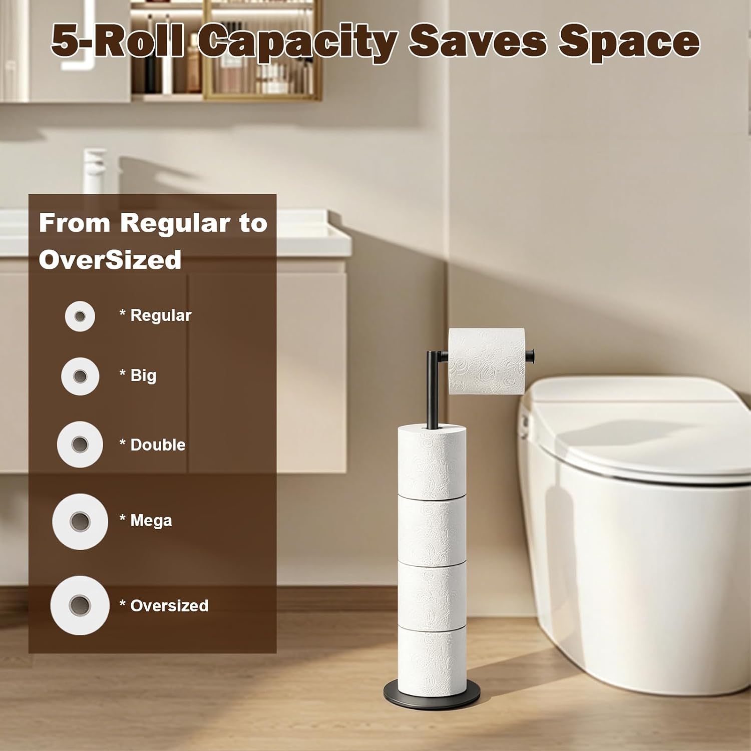 Bath Toilet Paper Holder, Toilet Tissue Roll Organizer Storage, Tissue Paper Holder Stand for Bathroom/Kitchen, Stainless Steel (22.5" H, Matte Black)