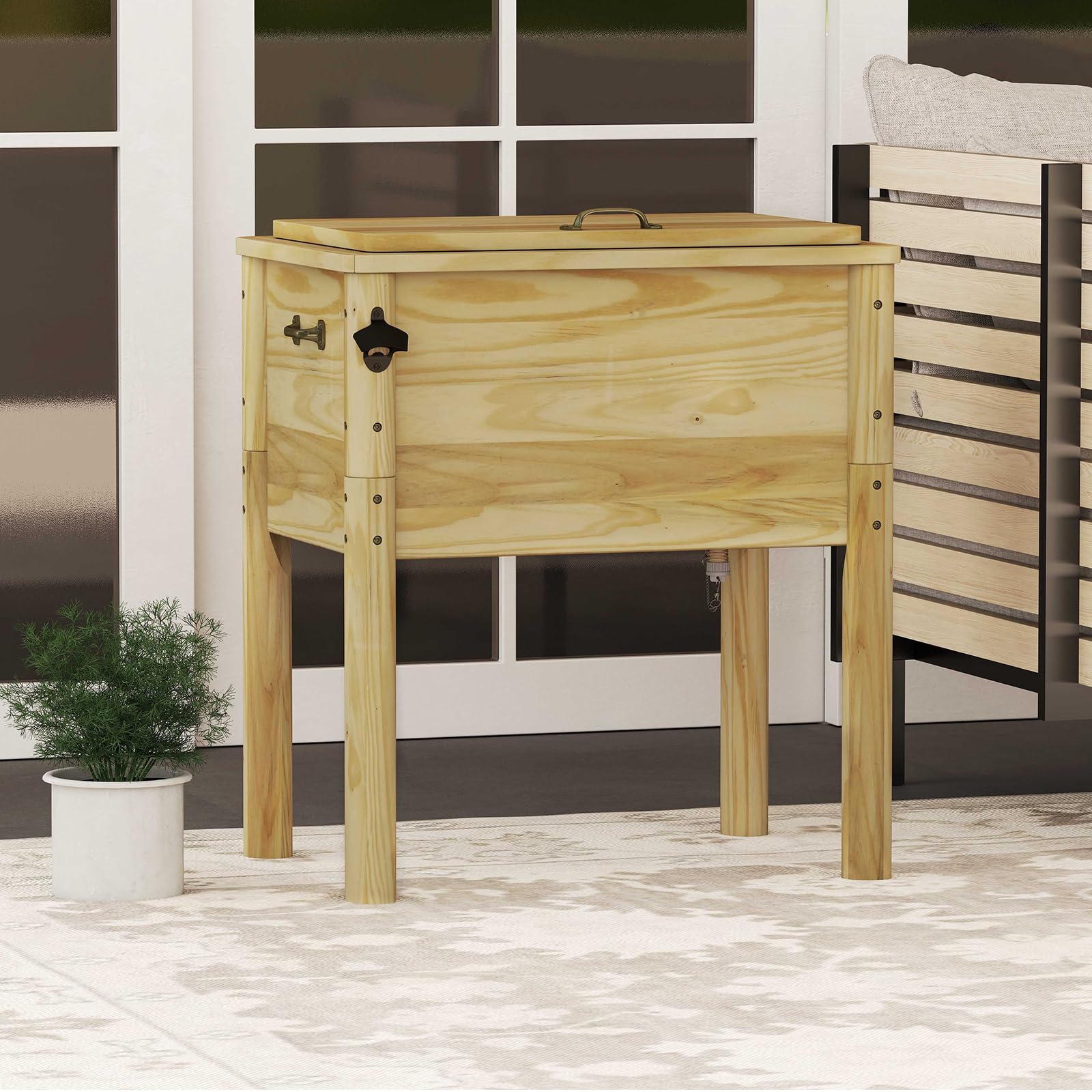 SOARS Frigorifero per rotelle, 51 l, bar all'aperto mobile 67 x 47 x 74 cm, tempo di mantenimento 2-4 ore, materiale in legno di pino solido, per giardino, terrazza, piscina, bistrot, naturale