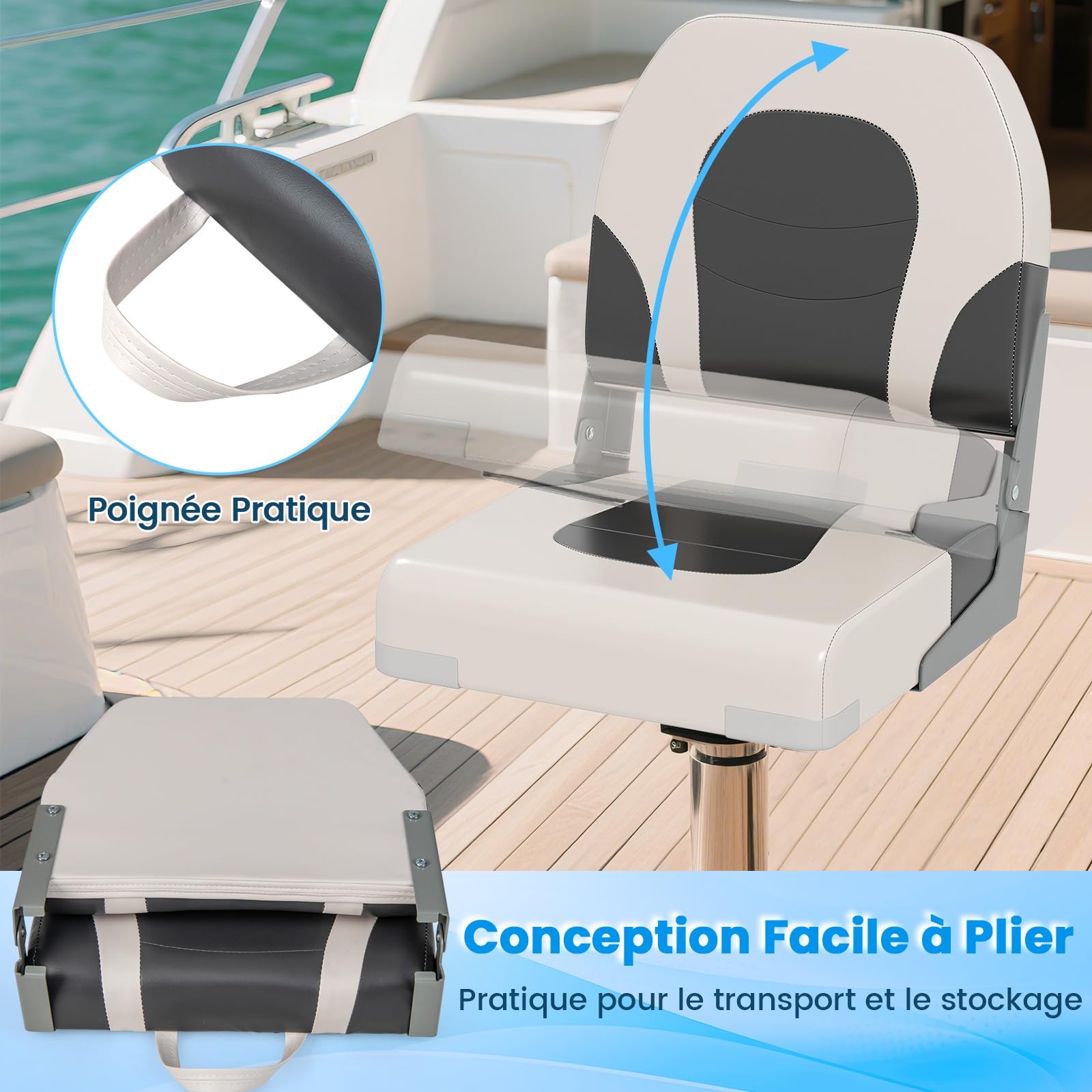 GOPLUS Lot de 2 Sièges de Bateau, Chaises Pliables Yacht Dossier Rembourrés, Similicuir Imperméable, Boulons de Montage, Sièges Capitaine pour Croisière, Bateau à Moteur, Pêche,51x42x49CM