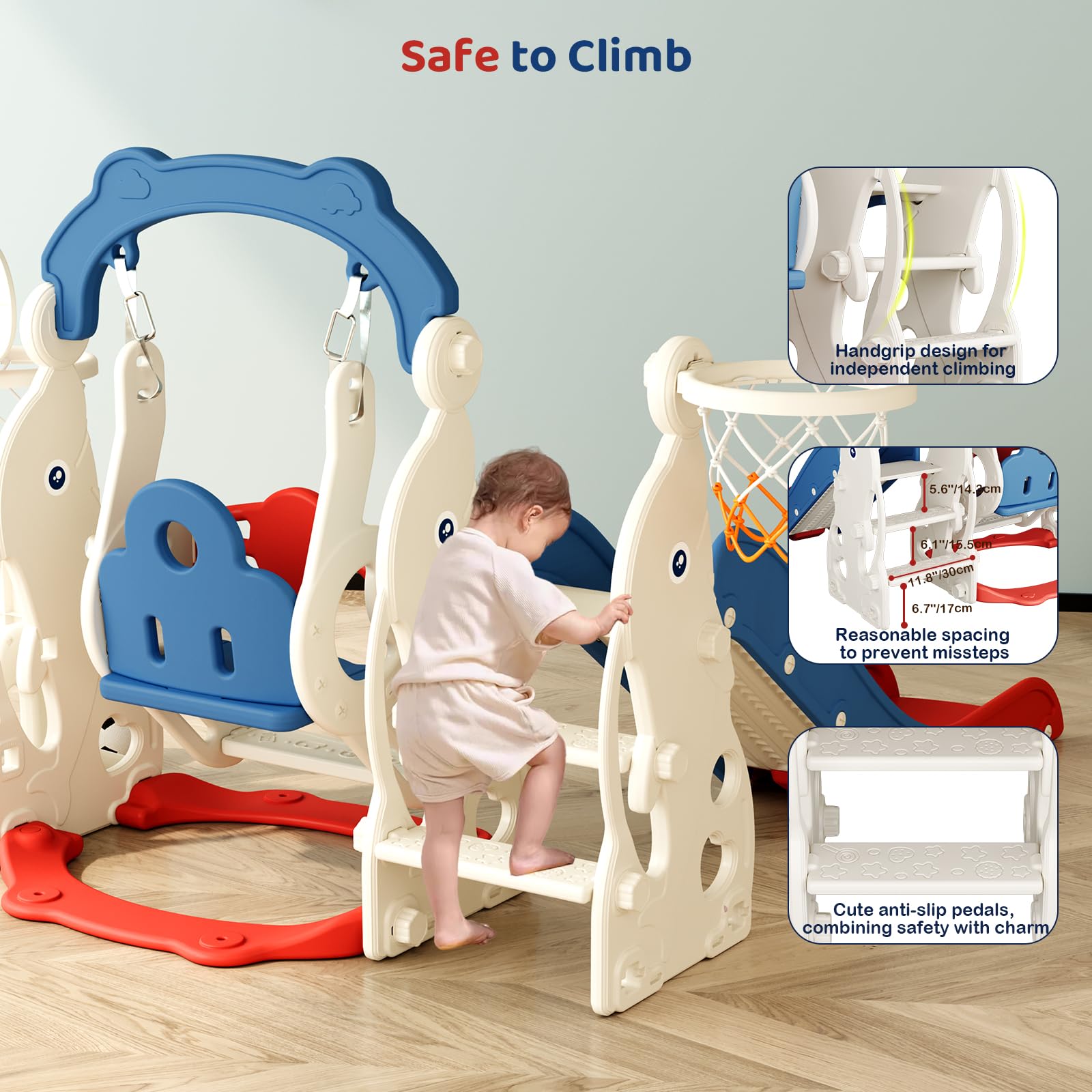 Slide per bambini ispessiti e allargati, scivolo per bambini piccoli indipendente con canestro da basket, attrezzatura per parco giochi con scivolo, scivoli all'aperto (blu rosso-6 in 1)