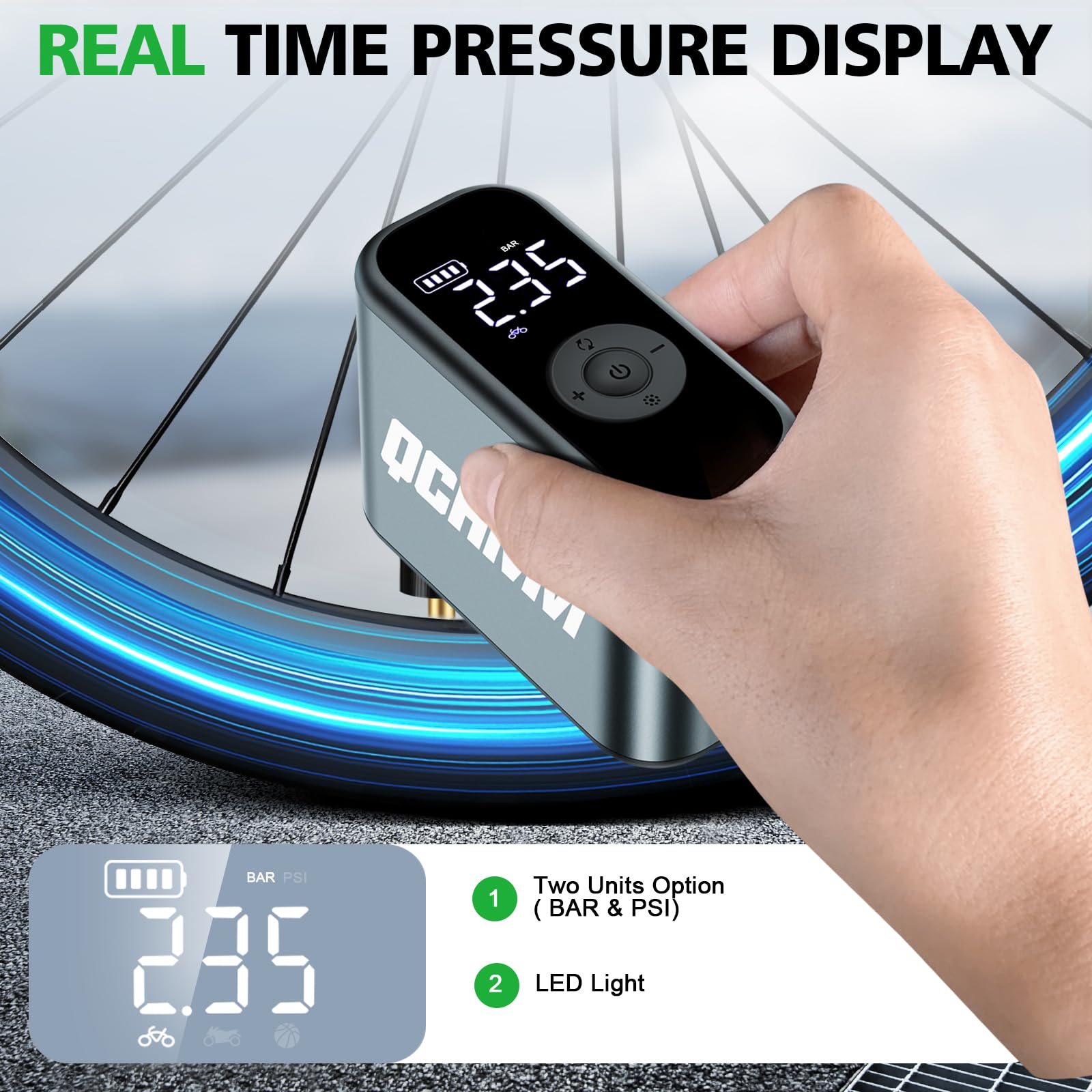 Pompa per Bicicletta Elettrica Mini con Manometro, 120PSI Bike Tire Pump Portatile per Valvola Schrader e Presta, Unità PSI/BAR