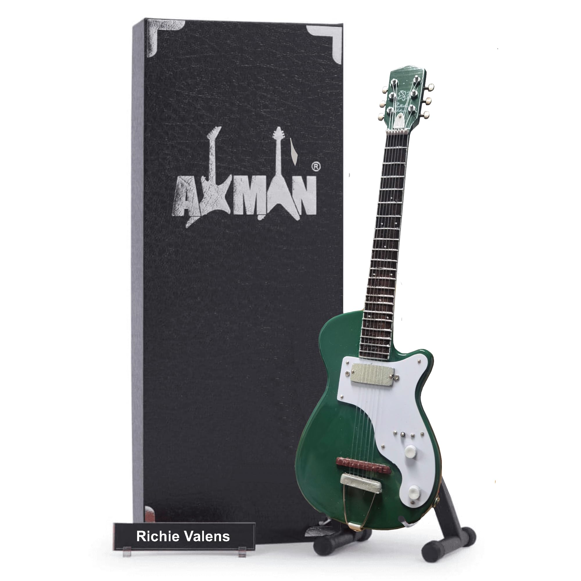 Ritchie Valens Harmony H44 Stratotone zielona gitara - miniaturowa replika gitary - prezenty muzyczne - ręcznie robione ozdobne skala 1/4 - zawiera pudełko ekspozycyjne, plakietkę z imieniem i