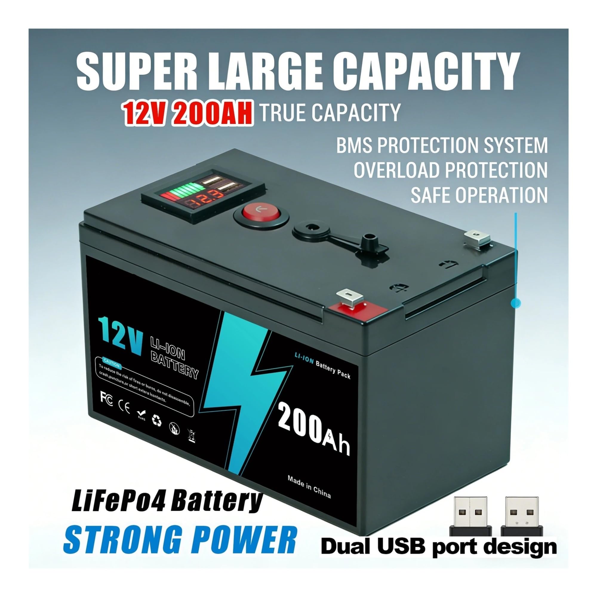 Batteria ricaricabile da 12 V Batteria al litio ferro fosfato da 200 Ah con BMS for applicazioni affidabili RVOff-Grid, marine e solari(12v 200Ah-charger)