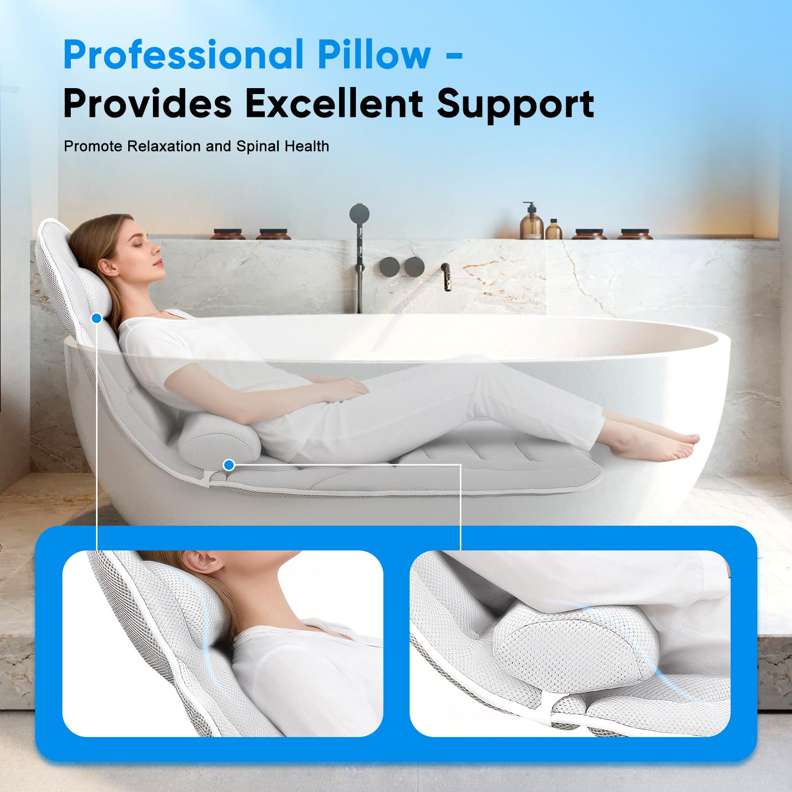 Coussin de Bain Complet, Oreiller de Bain pour Baignoire 131x38cm, Matelas Baignoire avec Appui-tête et Coussin Lombaire Amovible, Crochet de Suspension, Soutien de la Nuque et du Dos(Blanc)
