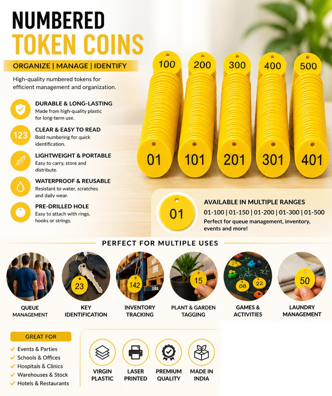 MOREL Yellow Embossed Plastic Round Shape Token Coin with Hole USE for Shop, Board Games, Stores, House, School.|1 to 500 Numerical Coins. 1