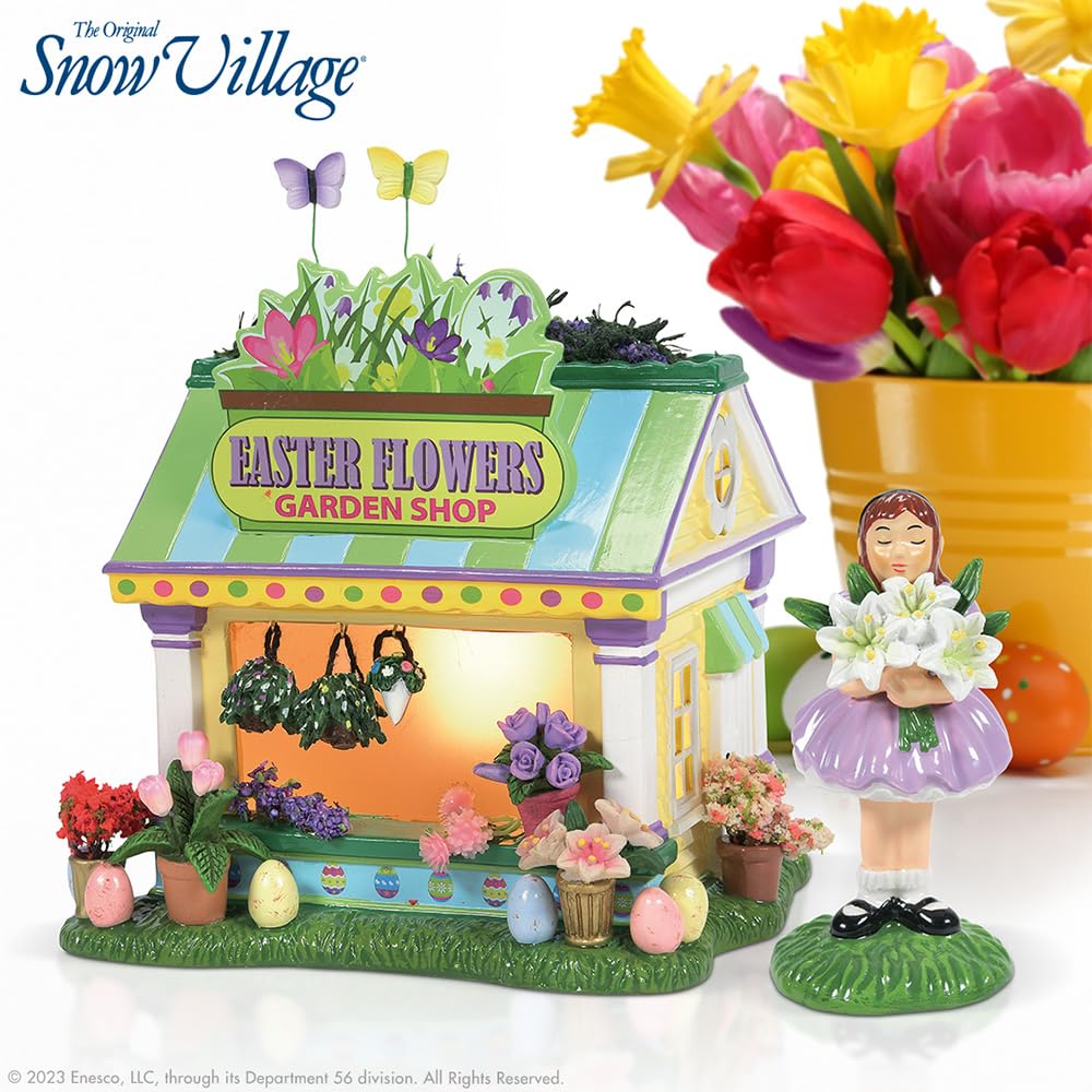 Department 56 Snow Village Easter Gardens Flower Shop and Girl Holding a Bouquet Lit Building and Figurine Set, 5.39 Inch, Multicolor