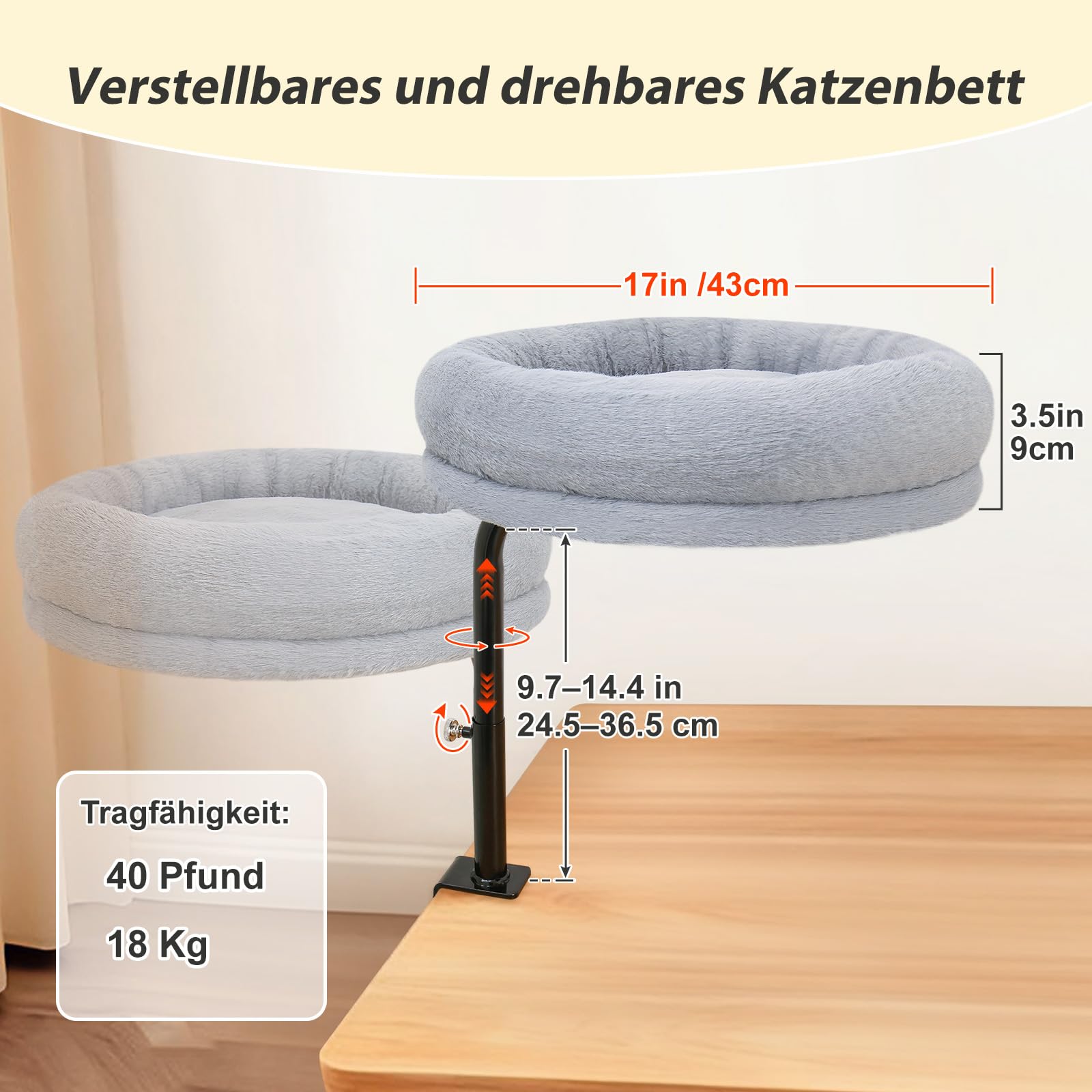 GUUSII HOME Katzenbett Schreibtisch 360° Drehbar & Höhenverstellbar Katzenliege Liegeplatz Katzen Bett Hängematte Tisch Für Homeoffice 43cm Durchmesser Bis 18kg Einfache Montage Waschmaschine（Grau）
