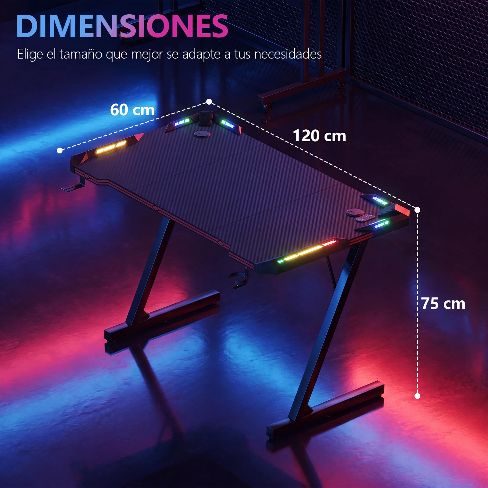 JUMMICO LED Mesa Gaming, 120 x 60 cm Ergonómico Mesa Gamer, Escritorio Gaming de Fibra de Carbono, Escritorio Gamer