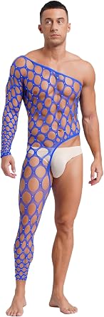 Mens Rhinestone Fishnet Hollowing Out Bodystocking One Shoulder Stretchy Bodysuit Lingerie