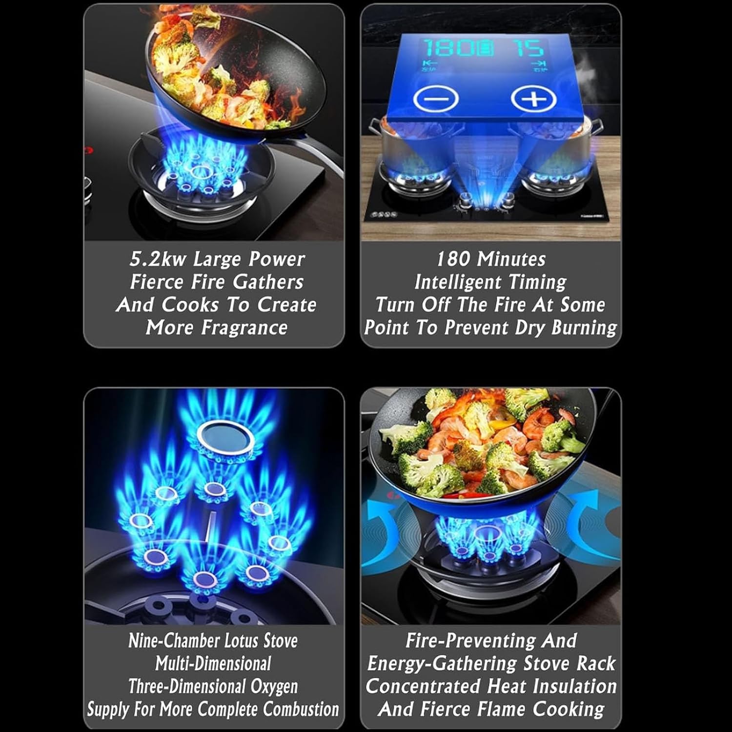 2 Burners Gas Cooker - 5.2KW Gas Cooktop, Tempered Glass Gas Stove 9 Cavity Fire, Desktop and Recessed Installation, for Home Kitchen Camping(LPG)