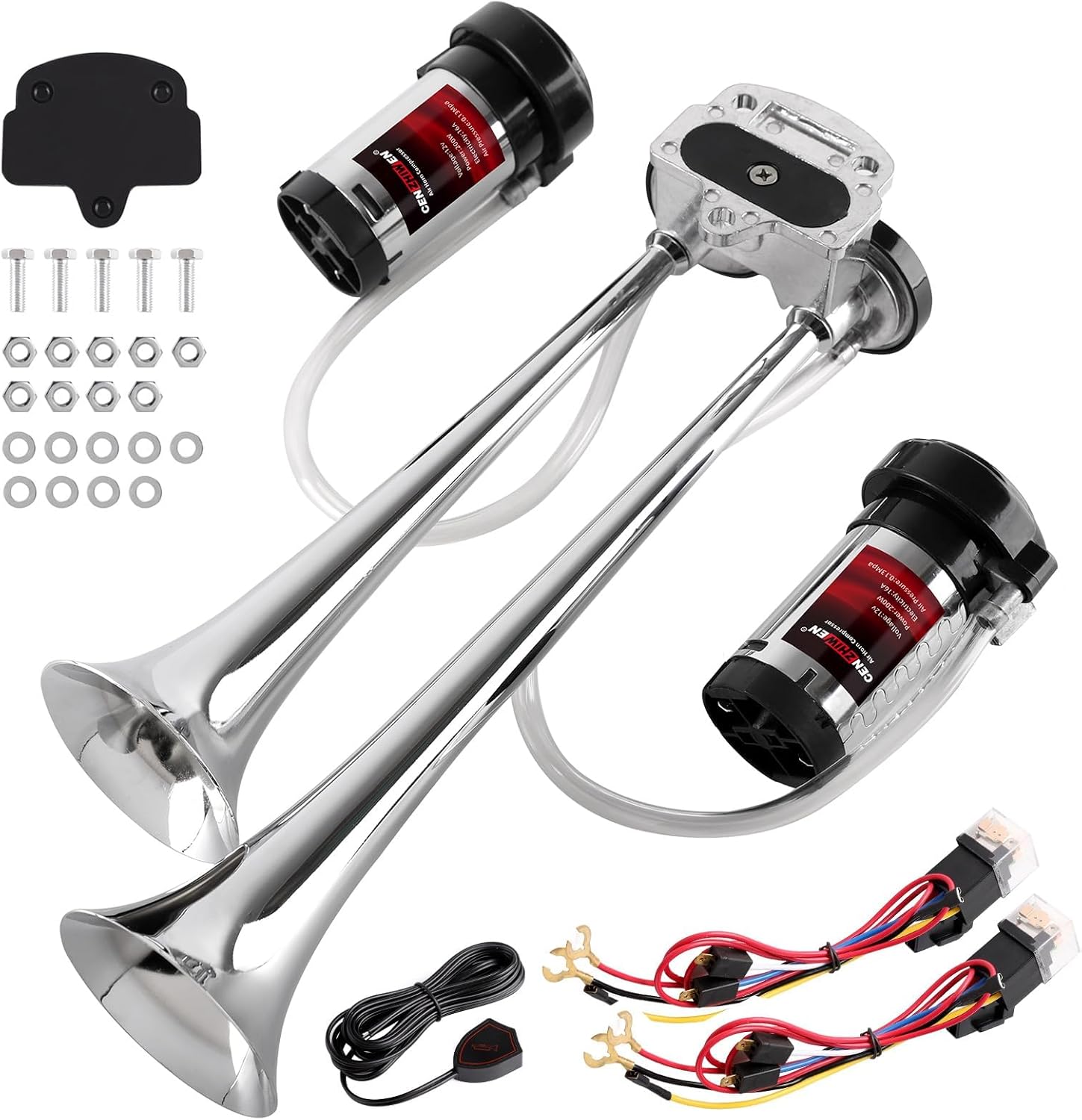 Dual Trumpet Metal Air Horn for truck Kit with 2-120 PSI Compressors - 12V 150dB Loud is suitable for pickup/motorhome/SUV/truck/train Boat - Complete and other vehicles(silvery with button)