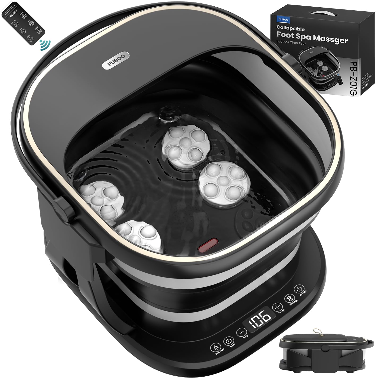 Puboo Collapsible Foot Spa Bath Massager with Heat, 95-115°F Precise Temp Control, Motorized Massage Rollers, Heated Foot Bath Soak Tub, Fits US Men’s