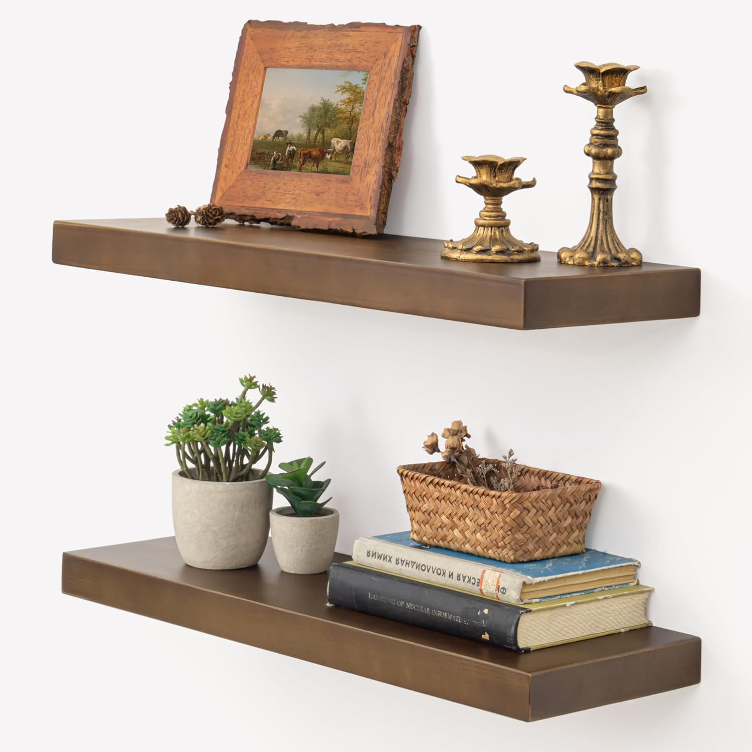 Marsmiles 24 Inch Wood Floating Shelves | Rustic Dark Wood Wall Shelves Set of 2 | 24" W x 7.7" D x 1.6" H Wooden Shelves for Bathroom Living Room Kitchen