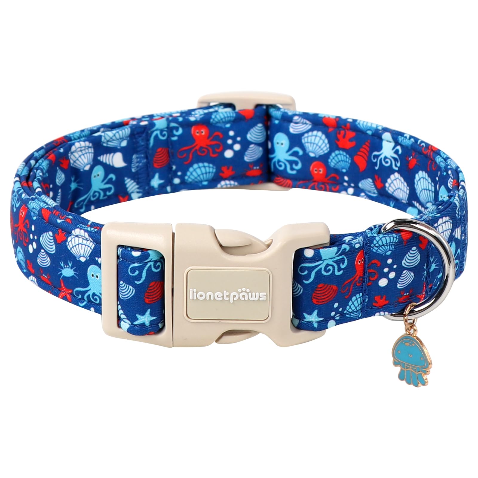 Lionet Paws Summer Blue Dog Collar- Cute Sea Shell Dog Collars with Plastic Buckle and Octopus Pendant,Light Adjustable Dog Collars for Medium Large
