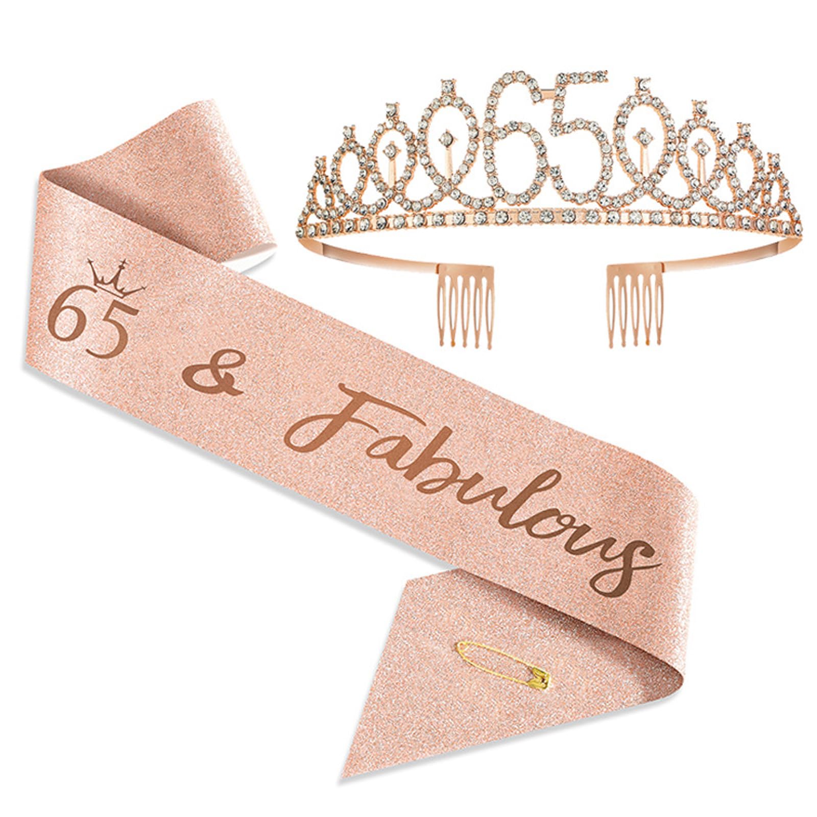 JOUWUI 65 Fabulous Sash and Rhinestone Tiara Set, 65th Rose Gold Birthday Rhinestone Crowns and Sash for Women, 65th Birthday Decorations for Her