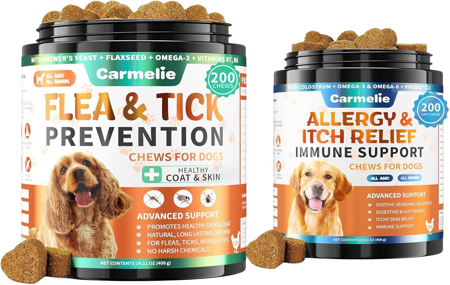 Flea & Tick Chews + Allergy Relief for Dogs - 200 Each - Natural Flea Prevention with Skin & Coat Support + Seasonal Allergy, Itching & Paw Licking Relief - Chicken Flavor