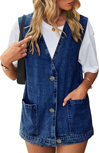 TangDao Womens Denim Vest Casual Mid Long Jean Vests Plus Size Sleeveless Button Waistcoat with Pockets