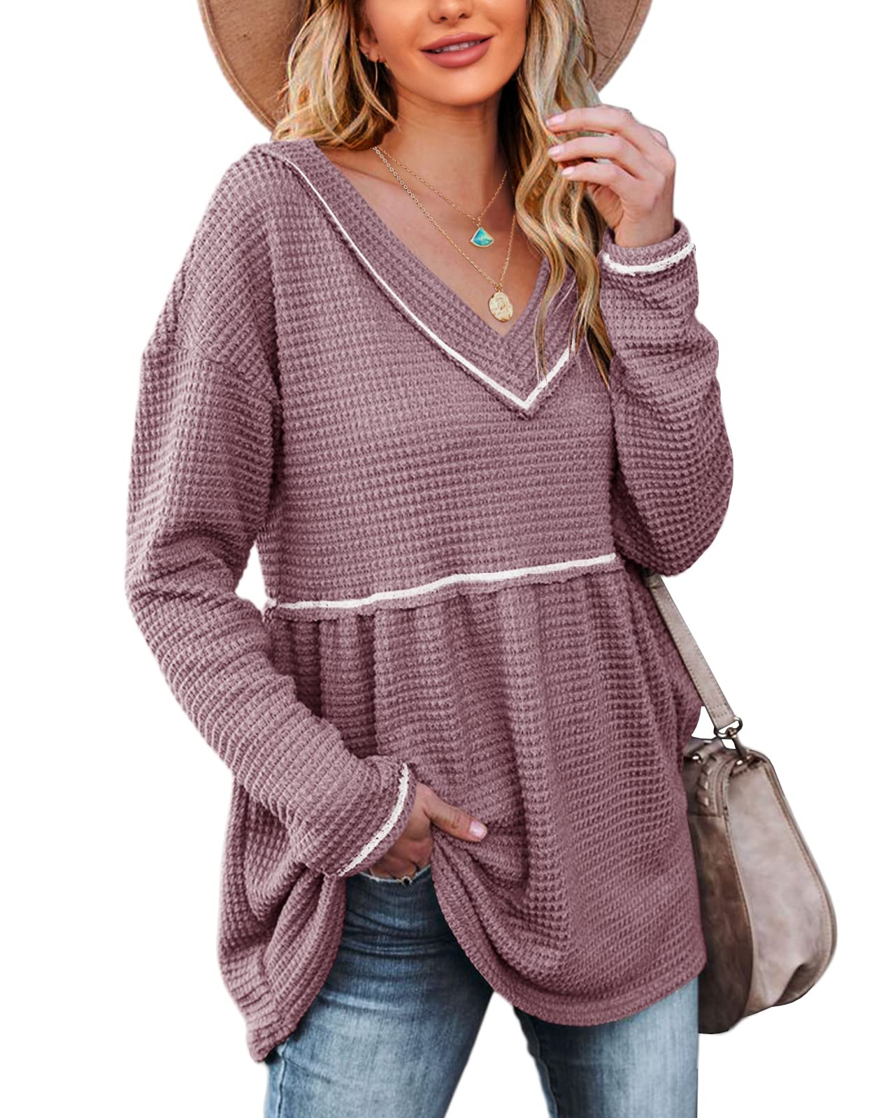 Chang Yun Womens V Neck Waffle Tunic Top Long Sleeve Peplum Pullover Babydoll Casual Flowy Swing Tshirts Pullover Sweaters
