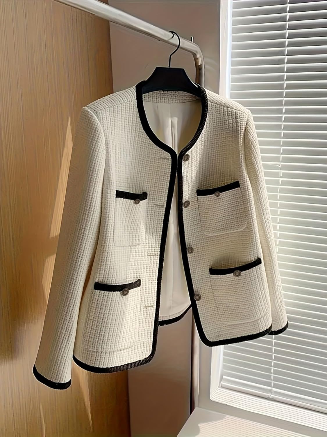 Women's Elegant Black and White Tweed Blazer with Black Trim Single-Breasted Jacket with Pockets