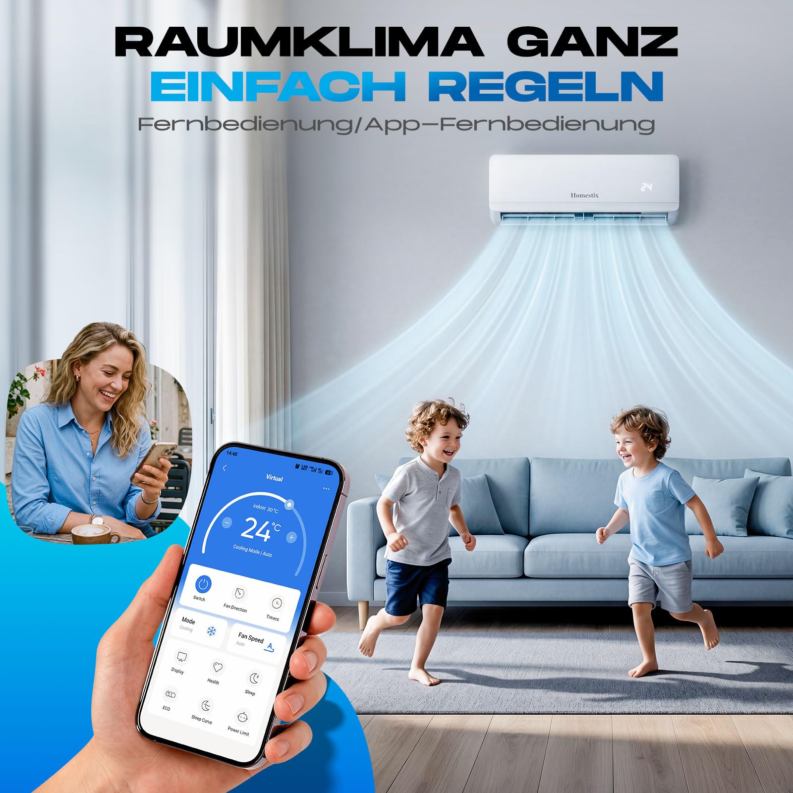 Split Klimaanlage 12000 BTU，4-in-1-Kältegerät mit Heizen, Kühlen, Entfeuchten und Lüften, bis70 m², ultraleise, Fernbedienung & APP, 24h-Timer/Schlaf/ECO-Energiesparmodus, inkl. Montagematerial