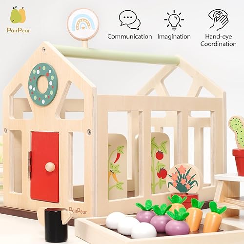 Miniatura 6 de PairPear Muebles para casa de muñecas, juguete de jardín de flores, juego de invernadero, juguetes de madera para niños pequeños, juguetes de jardín