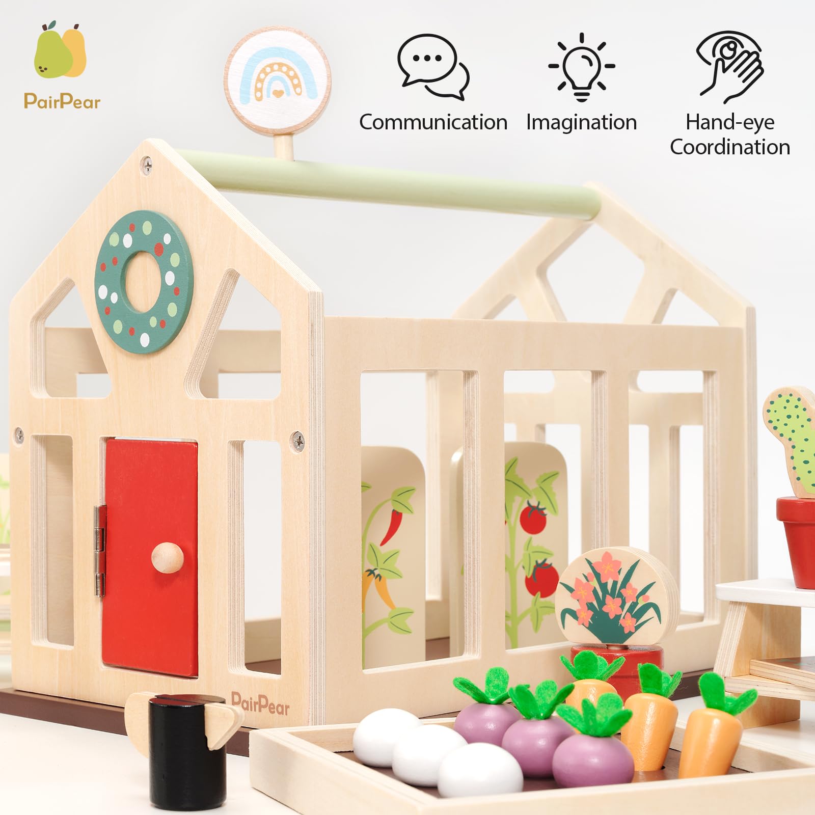 PairPear Dollhouse Furnitures Flower Garden Toy Greenhouse Playset,Toddlers Wooden Toys Dollhouse Garden Toys,Pretend Play Food Set for Girls Boys 3 Years and Up