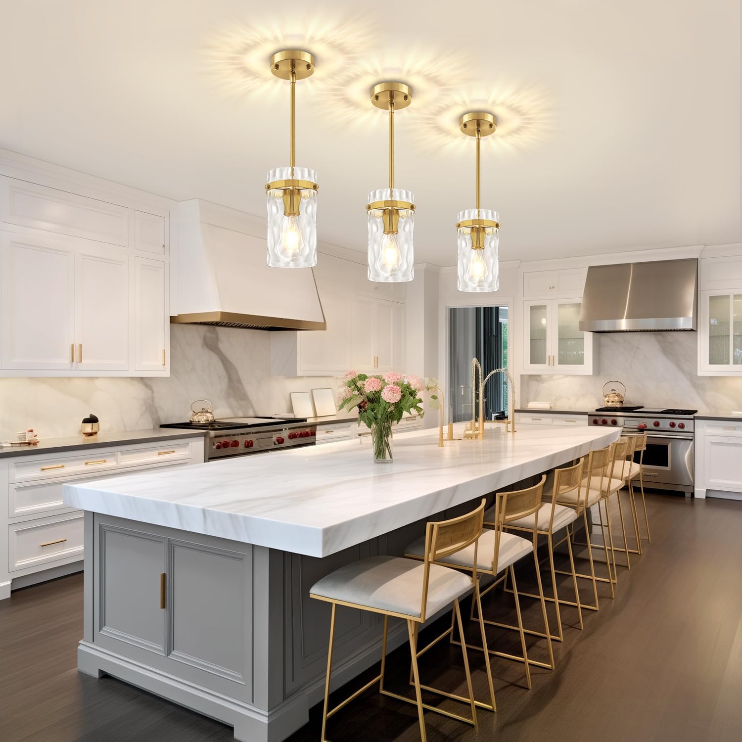 3 Pack Brushed Gold Pendant Lights Kitchen Island, Hammered Glass Kitchen Pendant Lighting Over Island Adjustable Hanging Bathroom Light Fixtures Modern Pendant Light for Dining Room Hallway Foyer