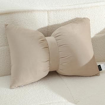 Off White Velvet Bow Knot Decor Pillow 14x20 Inch, Aesthetic Girly Princess Soft Pillow, Plush Solid Color Lumbar Cushion for Bay Window Car Living Room