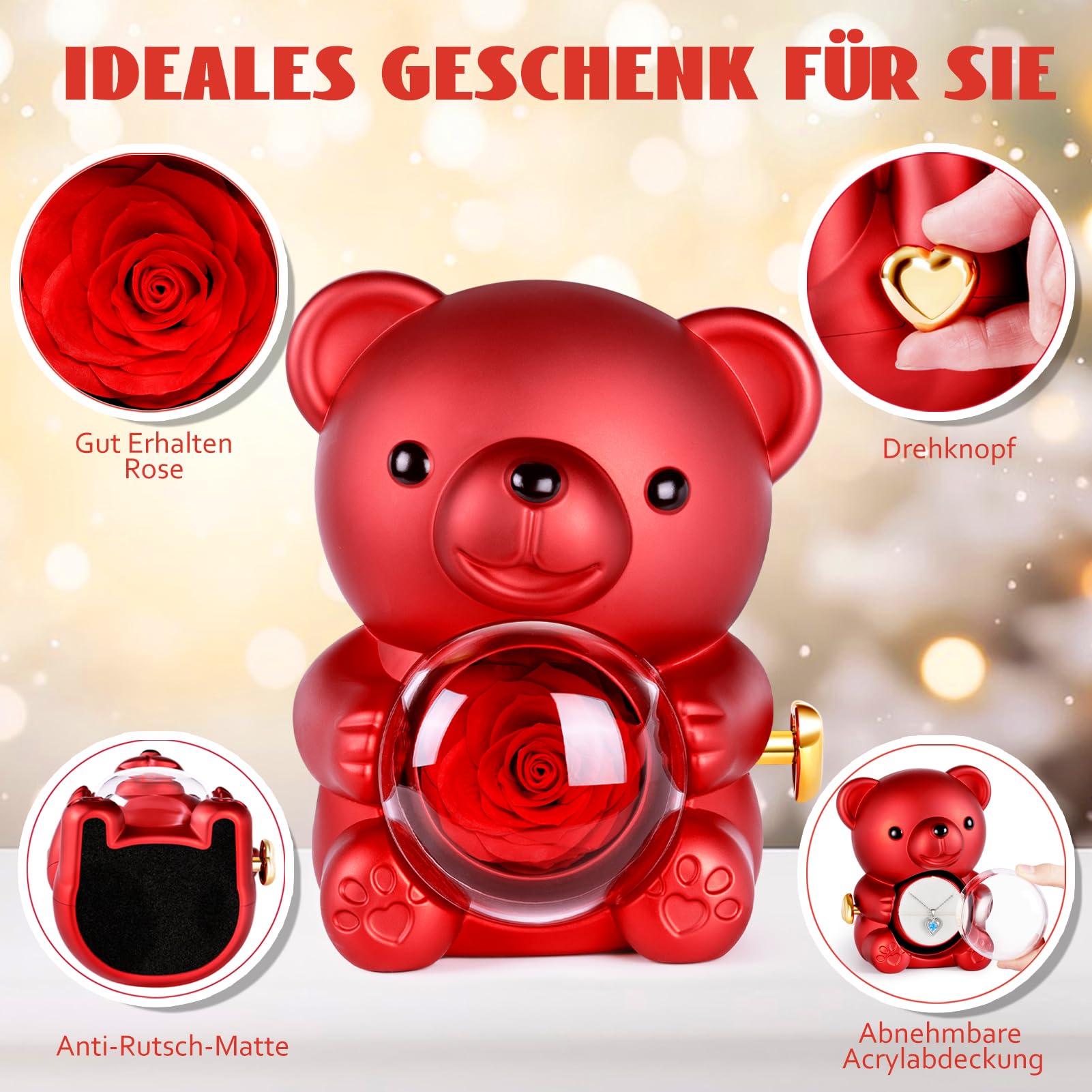 Ewige Rosen Bär Geschenkbox mit Blauer Halskette,Frauen Gesch | Rosen Teddybär für Frauen, Freundin Jahrestag, Geburtstag, Thanksgiving, Valentinstag, Weihnachten, Schulanfang