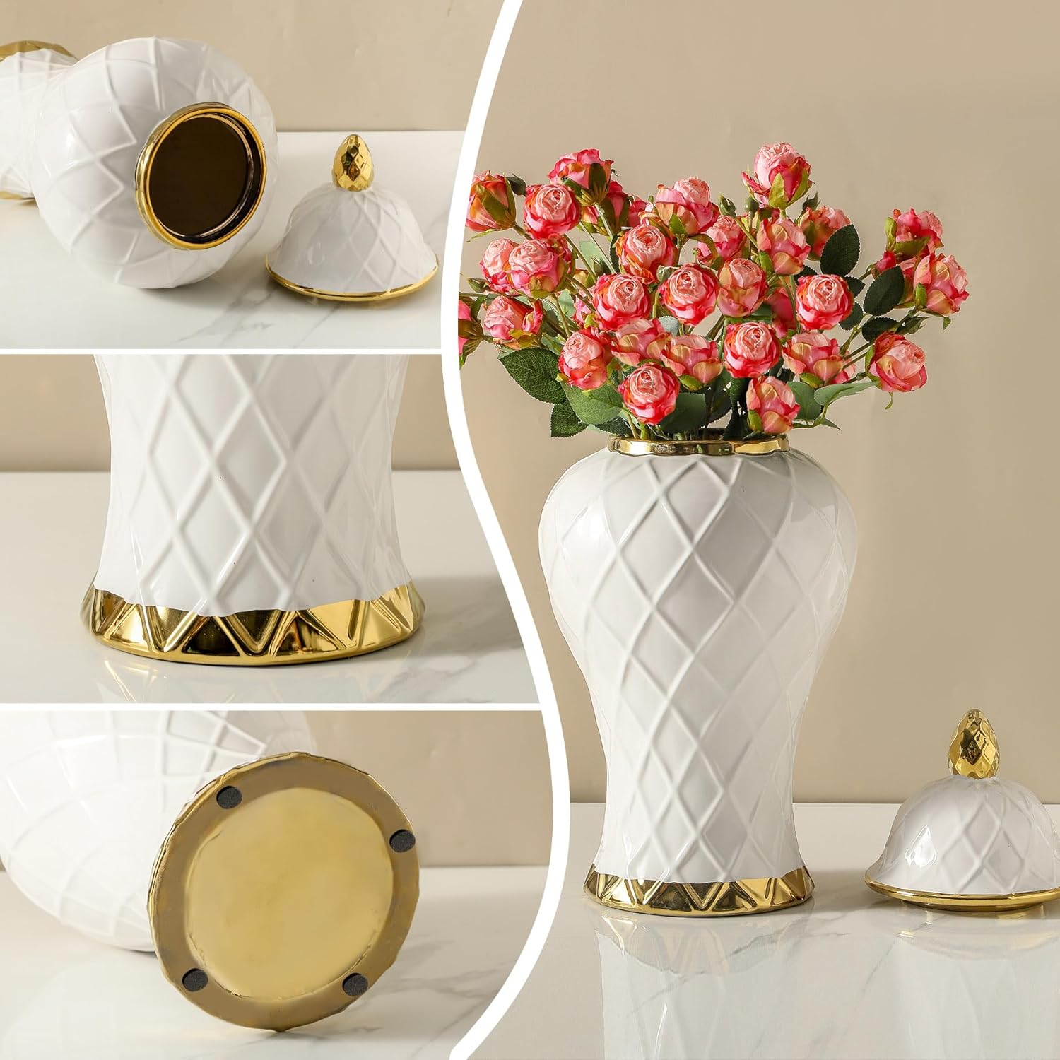 Ginger Jars for Home Decor, White and Gold Vase, Decorative Ceramic Ginger jar with lid, Porcelain Flower Vase for Centerpieces Jarrones, Storage jar, Table Center Vase, Temple Jar(18in)