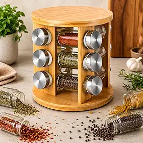 Porta Temperos Giratório em Bambu com 12 Potes de Vidro 90ml e Tampa Inox, Organizador de Condimentos Moderno para Cozinha, Suporte para Temperos e Especiarias