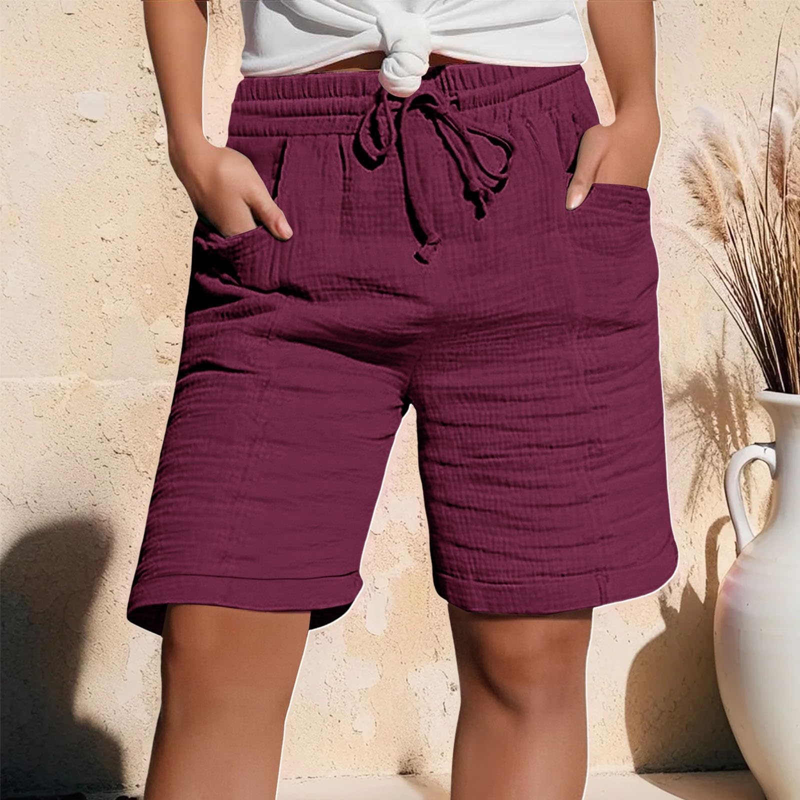 Generisch Short blanc tendance et décontracté pour femme en coton et lin de couleur unie avec taille élastique