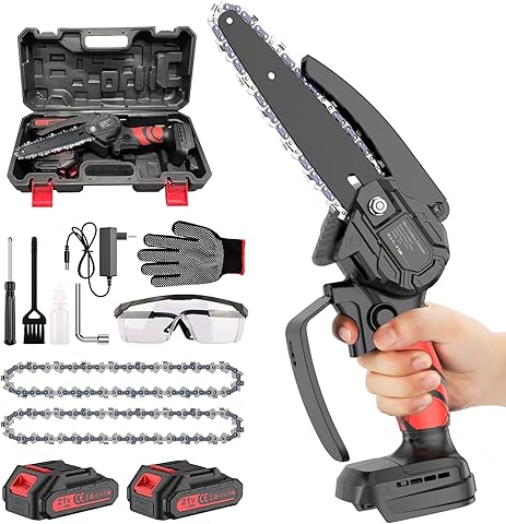 Mini Motosierra Bateria 6 Pulgadas, Eléctrica Motosierra de Mano Pequeñas Sierra Podar Bateria, 2 x 2000 mAh Baterías, para Cortar árboles de Jardín y Cortar Madera