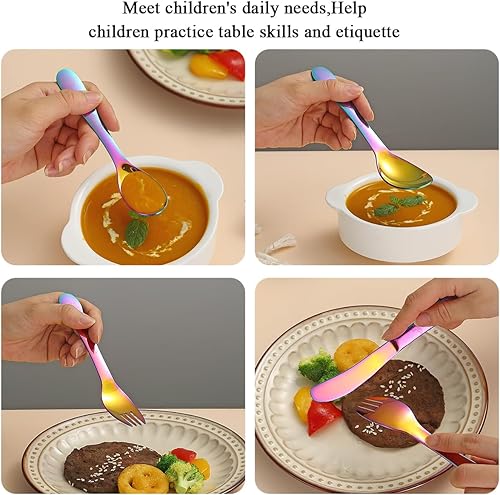 Miniatura 6 de Evanda Juego de 4 cubiertos de acero inoxidable con revestimiento de titanio arcoíris para niños pequeños, utensilios para niños, tenedores y