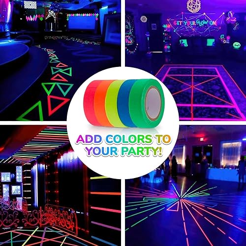 Miniatura 5 de Paquete de 5 cintas de luz negra  Cinta brillante de neón reactiva a los rayos UV de Navidad, juego multicolor verde, rojo, amarillo, rosa y azul,