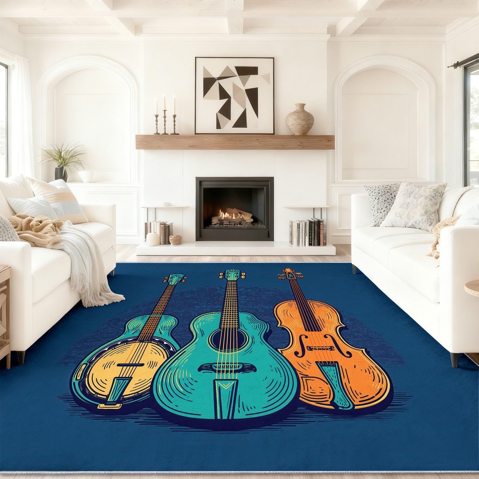 Tapis antidérapante lavable bleu foncé motif instruments